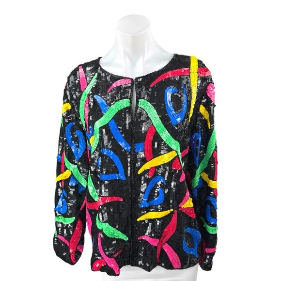 Women's 100% Silk Multicolor Sequin Beaded Open Front Long Sleeve Coat Jacket M - Picture 1 of 4